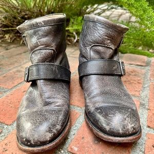 Distressed Black Leather Fluevog Ankle Boots